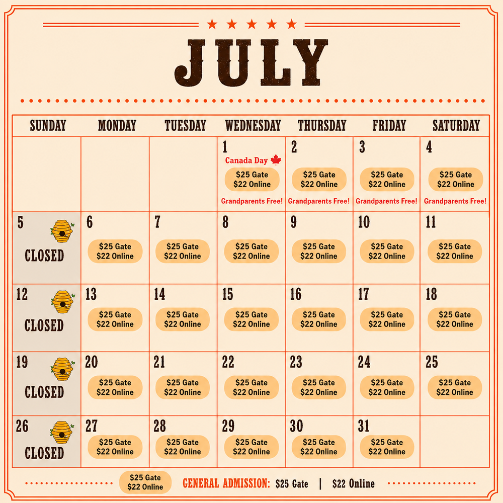 Clovermead Adventure Farm July 2026 open dates calendar - Canada Day and Grandparents Free admission, tickets from $22 in Aylmer Ontario