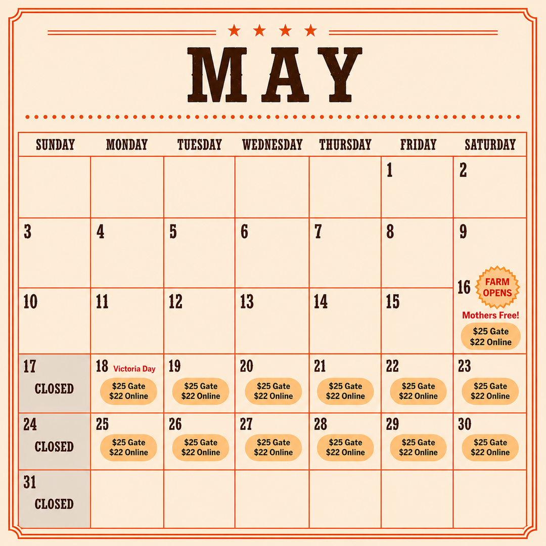 Clovermead Adventure Farm May 2026 open dates calendar- Mother&